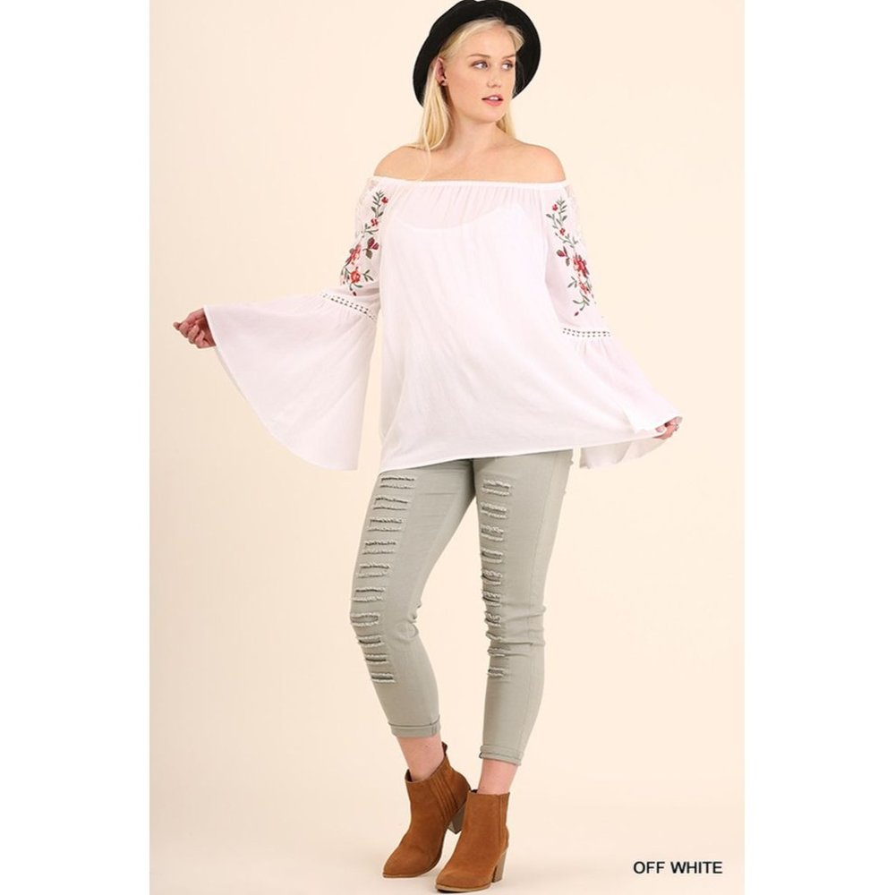 Umgee Embroidered Bell Sleeve Tunic, Off White